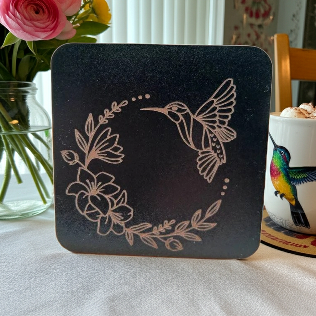 Set of 6, Square Wooden Coasters. Floral and Wings Collection. (3 Designs), with bumper feet.
