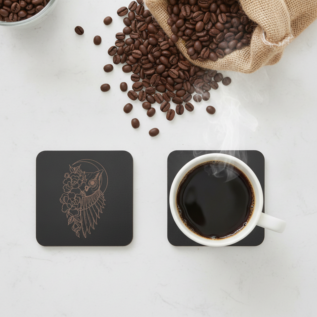 Set of 6, Engraved Black Wood Coasters, Floral & Wings Wooden Coasters 9.5cm, Fluid-Resistant Drinks Coasters with Bumper Feet.