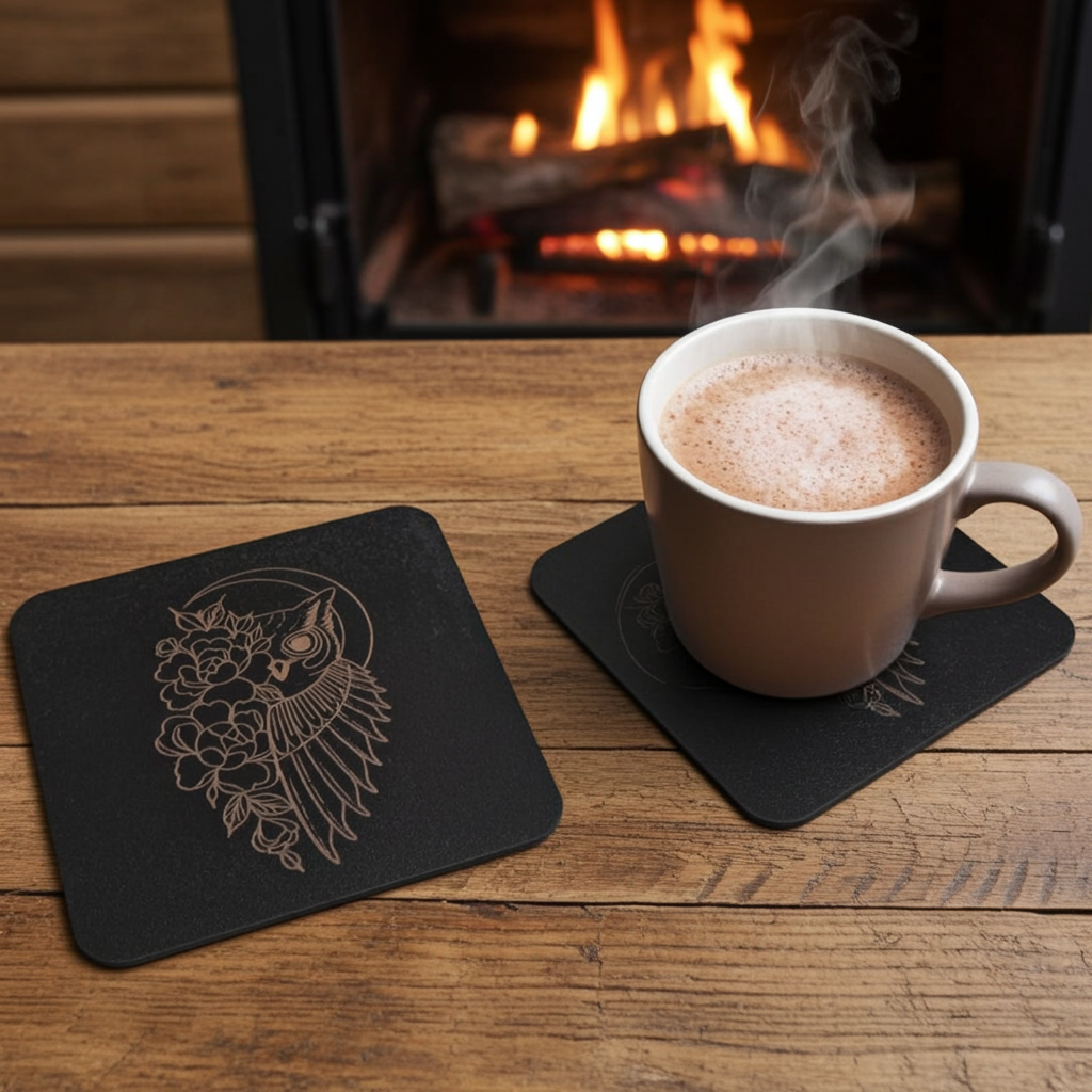 Set of 6, Square Wooden Coasters. Floral and Wings Collection. (3 Designs), with bumper feet.