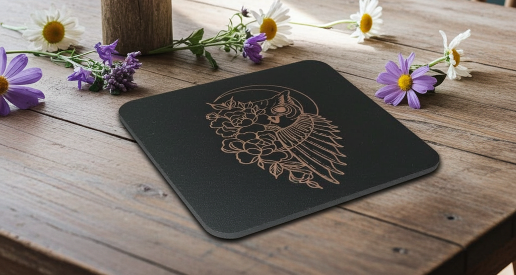 Set of 6, Square Wooden Coasters. Floral and Wings Collection. (3 Designs), with bumper feet.