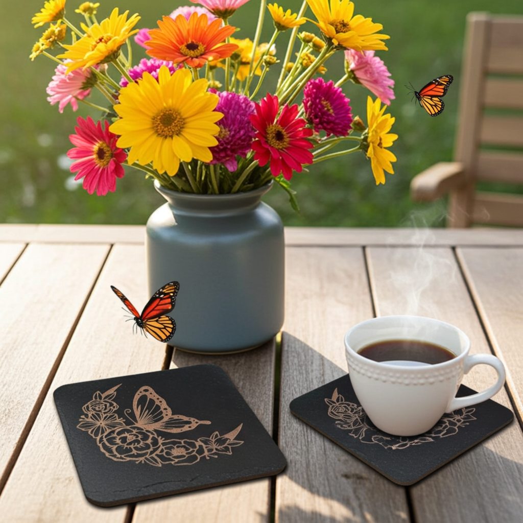 Set of 6, Square Wooden Coasters. Floral and Wings Collection. (3 Designs), with bumper feet.
