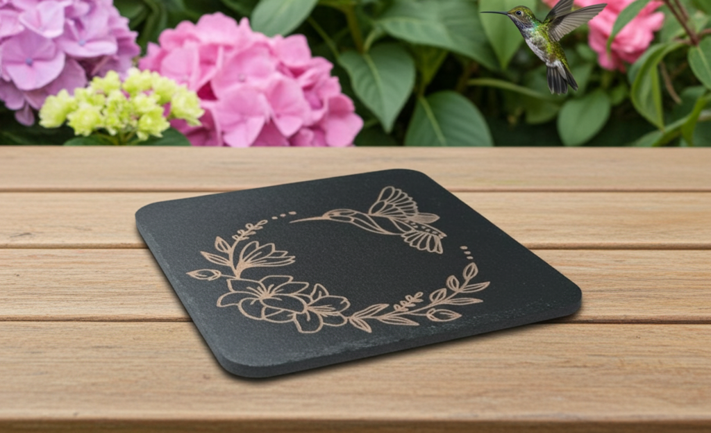 Set of 6, Square Wooden Coasters. Floral and Wings Collection. (3 Designs), with bumper feet.