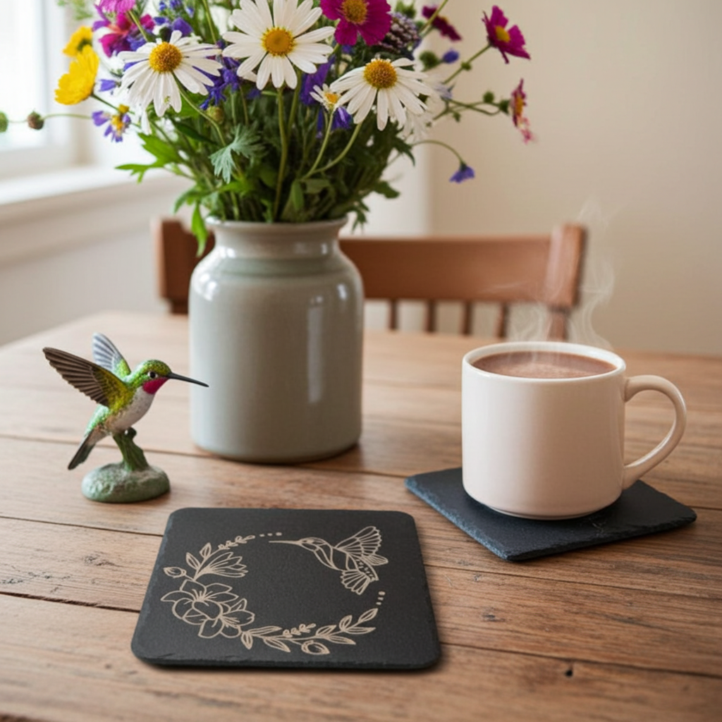 Set of 6, Square Wooden Coasters. Floral and Wings Collection. (3 Designs), with bumper feet.