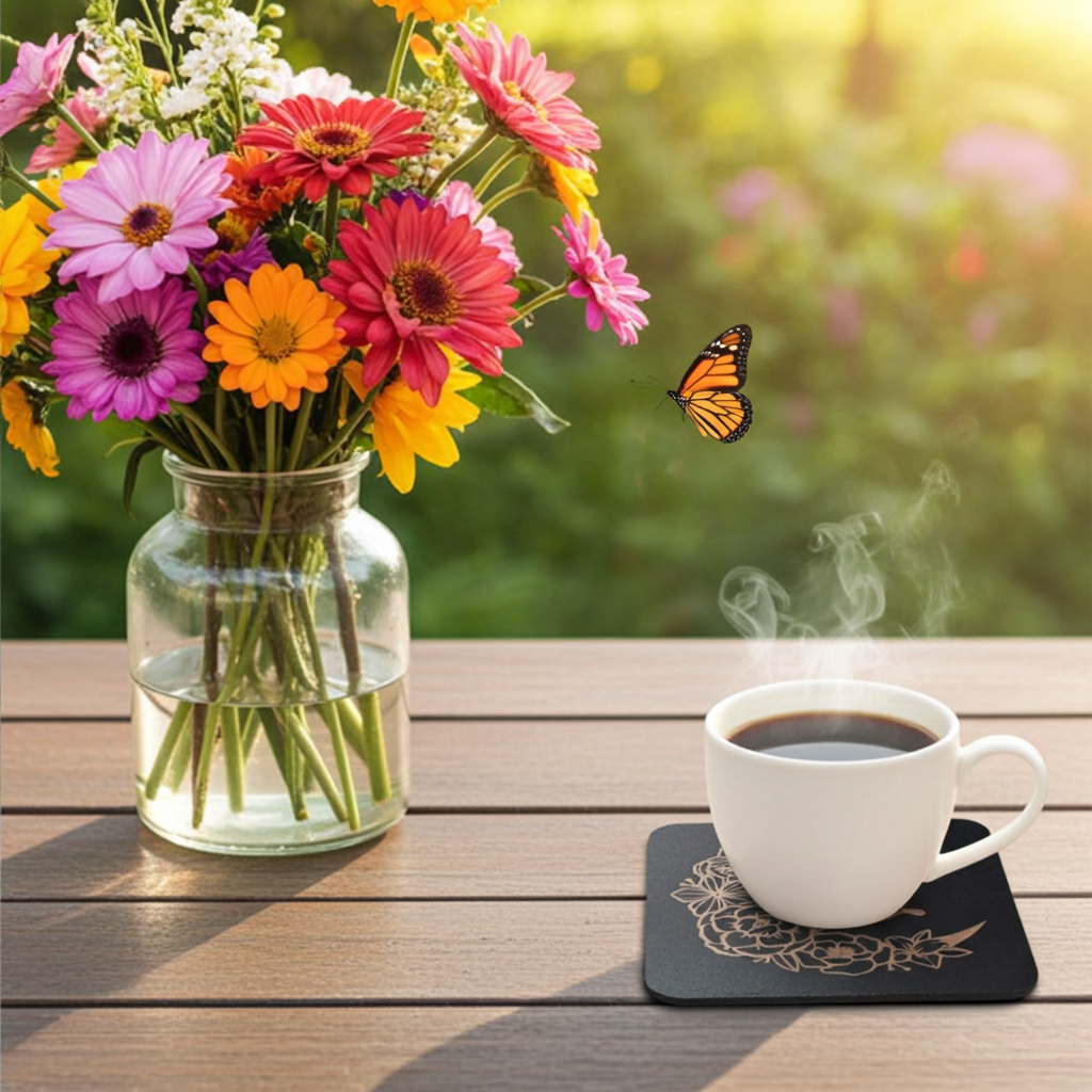 Set of 6, Square Wooden Coasters. Floral and Wings Collection. (3 Designs), with bumper feet.