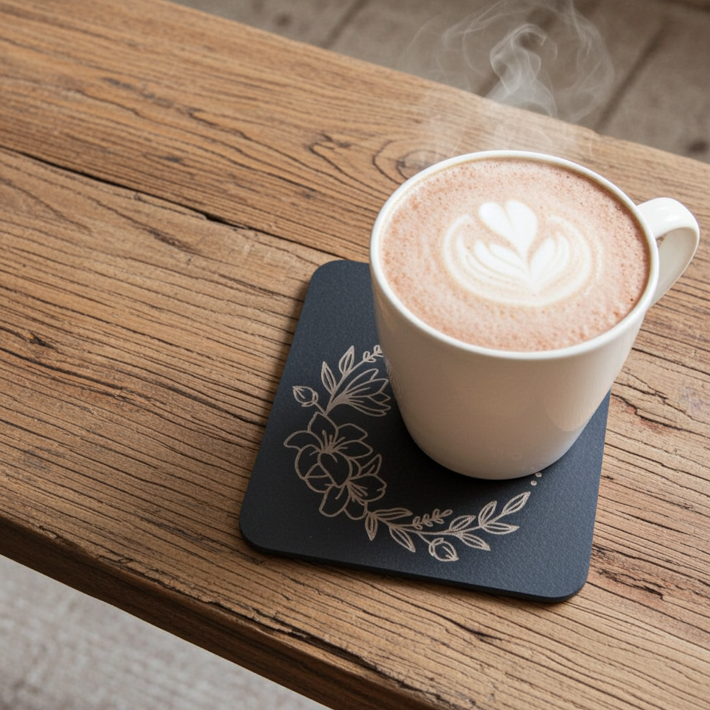Set of 6, Square Wooden Coasters. Floral and Wings Collection. (3 Designs), with bumper feet.