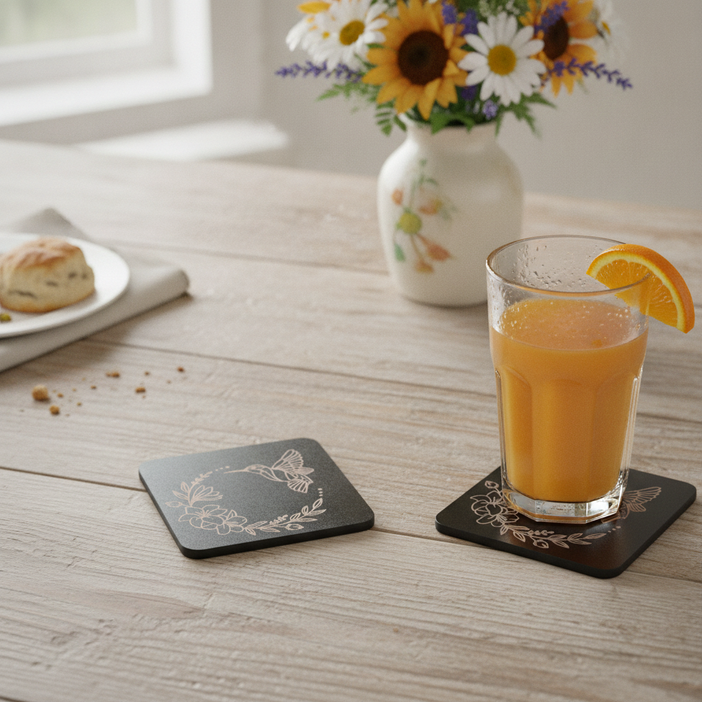 Set of 6, Engraved Black Wood Coasters, Floral & Wings Wooden Coasters 9.5cm, Fluid-Resistant Drinks Coasters with Bumper Feet.