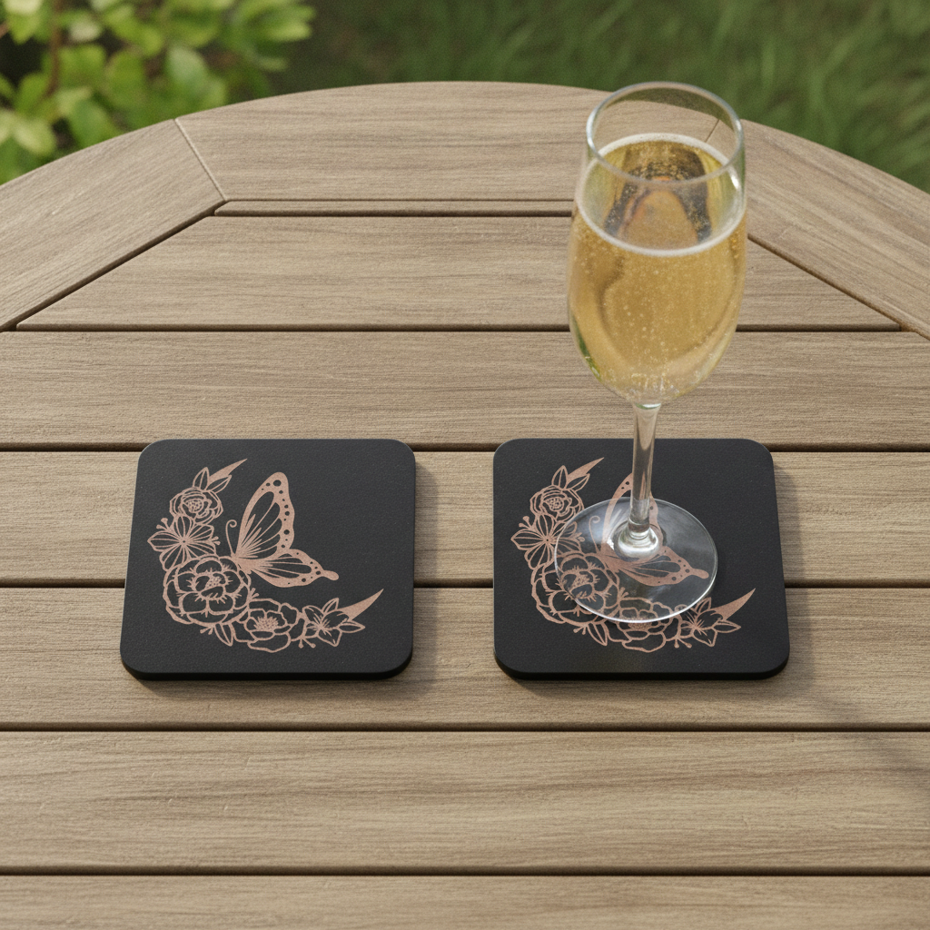 Set of 6, Engraved Black Wood Coasters, Floral & Wings Wooden Coasters 9.5cm, Fluid-Resistant Drinks Coasters with Bumper Feet.
