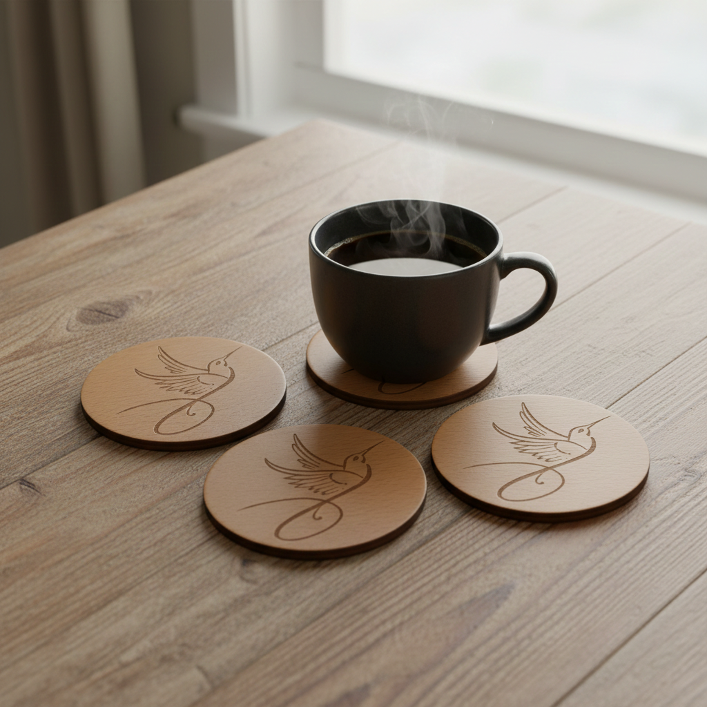 Set of 4, Steamed Beech Drink Coasters with a Sleek Bird Engraving, with Bumper Feet.