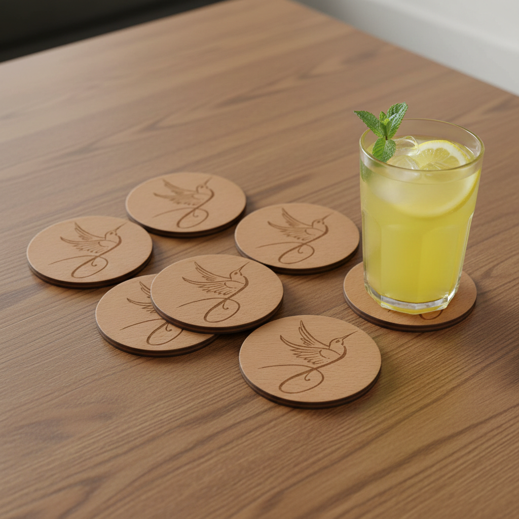 Set of 6, Steamed Beech Drink Coasters with a Sleek Bird Engraving, with Bumper Feet.