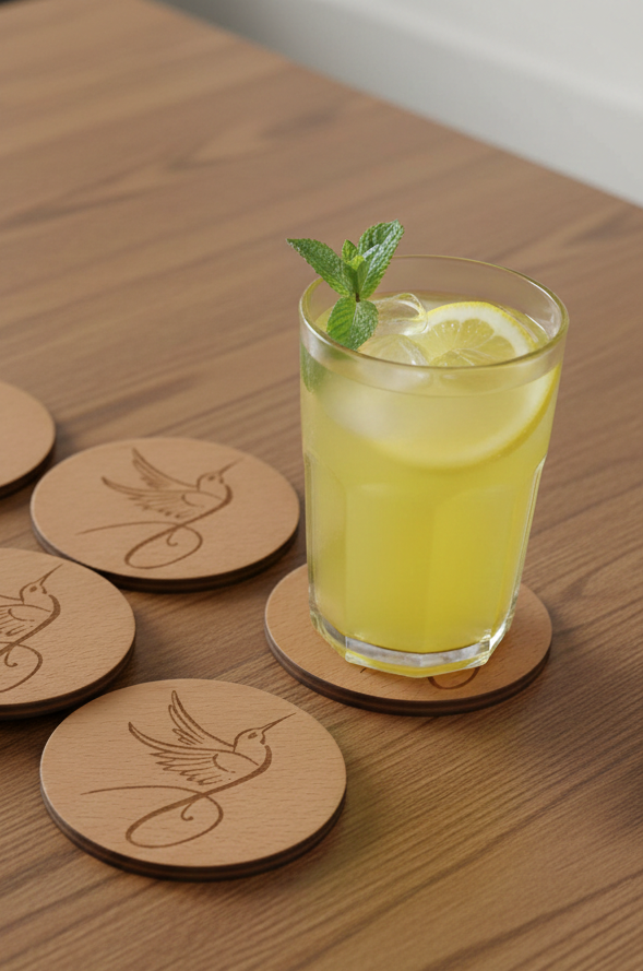 Set of 4, Steamed Beech Drink Coasters with a Sleek Bird Engraving, with Bumper Feet.