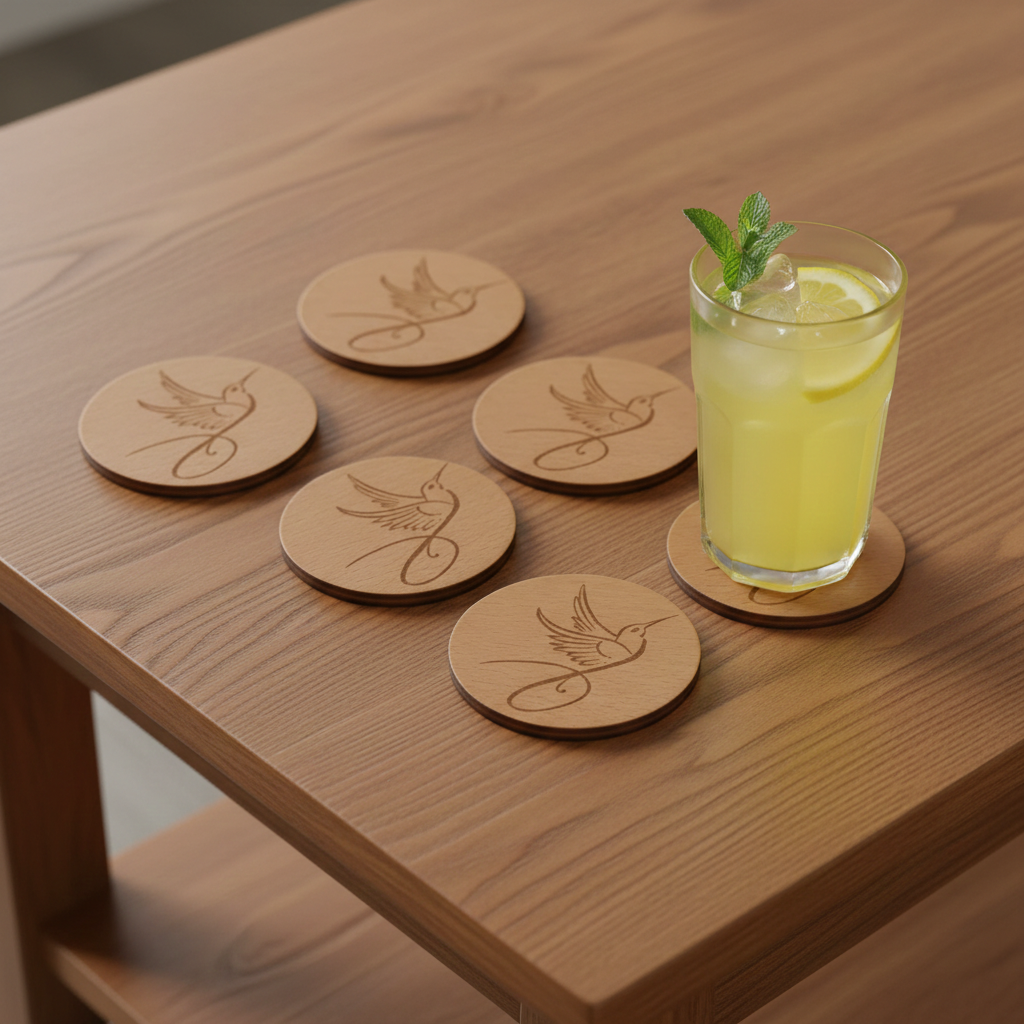 Set of 6, Steamed Beech Drink Coasters with a Sleek Bird Engraving, with Bumper Feet.