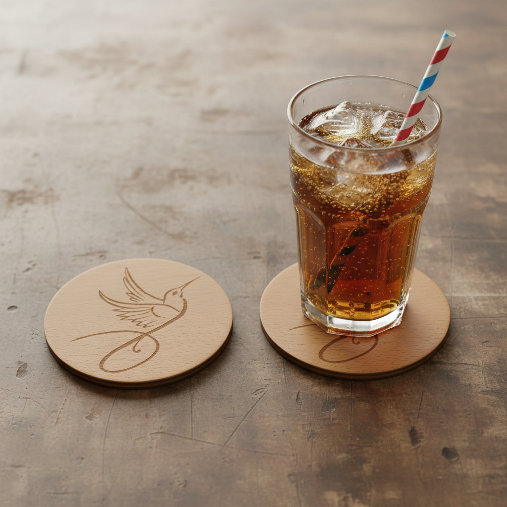 Set of 6, Steamed Beech Drink Coasters with a Sleek Bird Engraving, with Bumper Feet.
