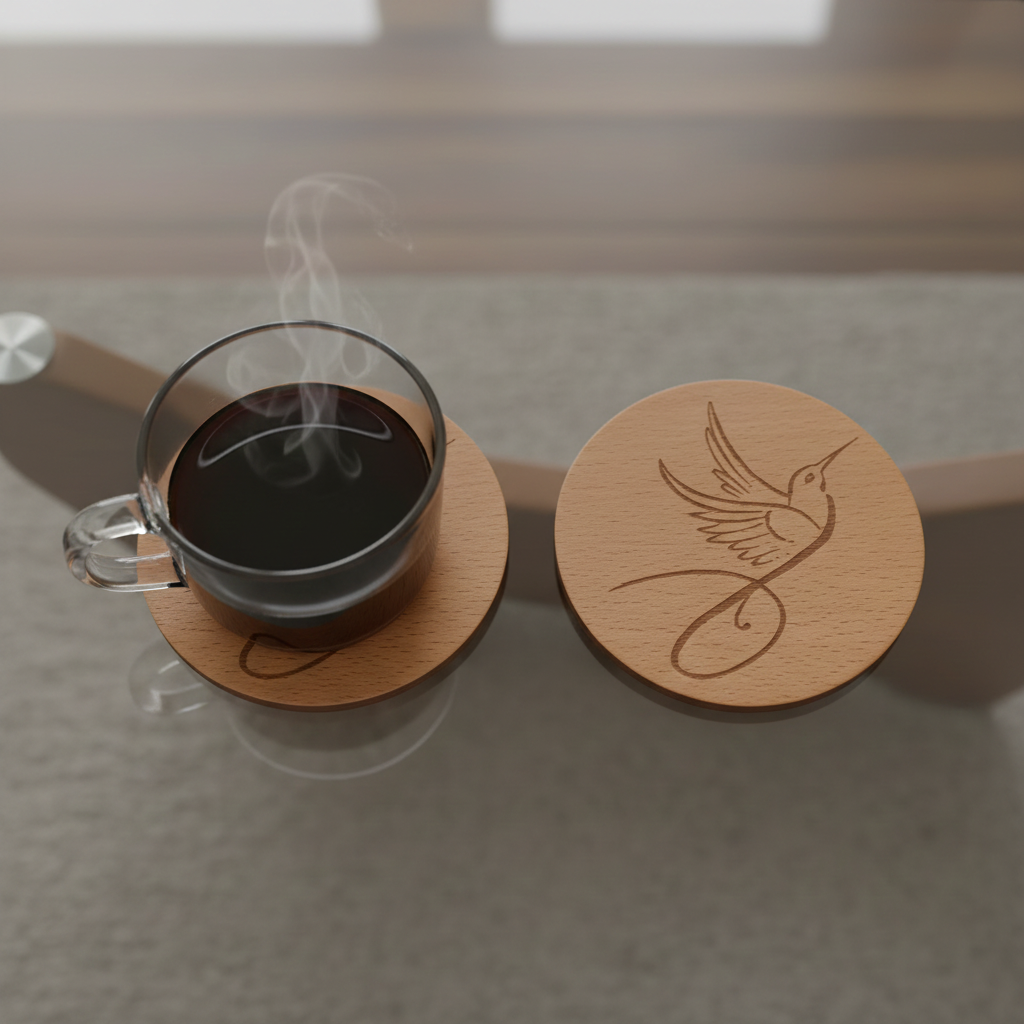 Set of 4, Steamed Beech Drink Coasters with a Sleek Bird Engraving, with Bumper Feet.