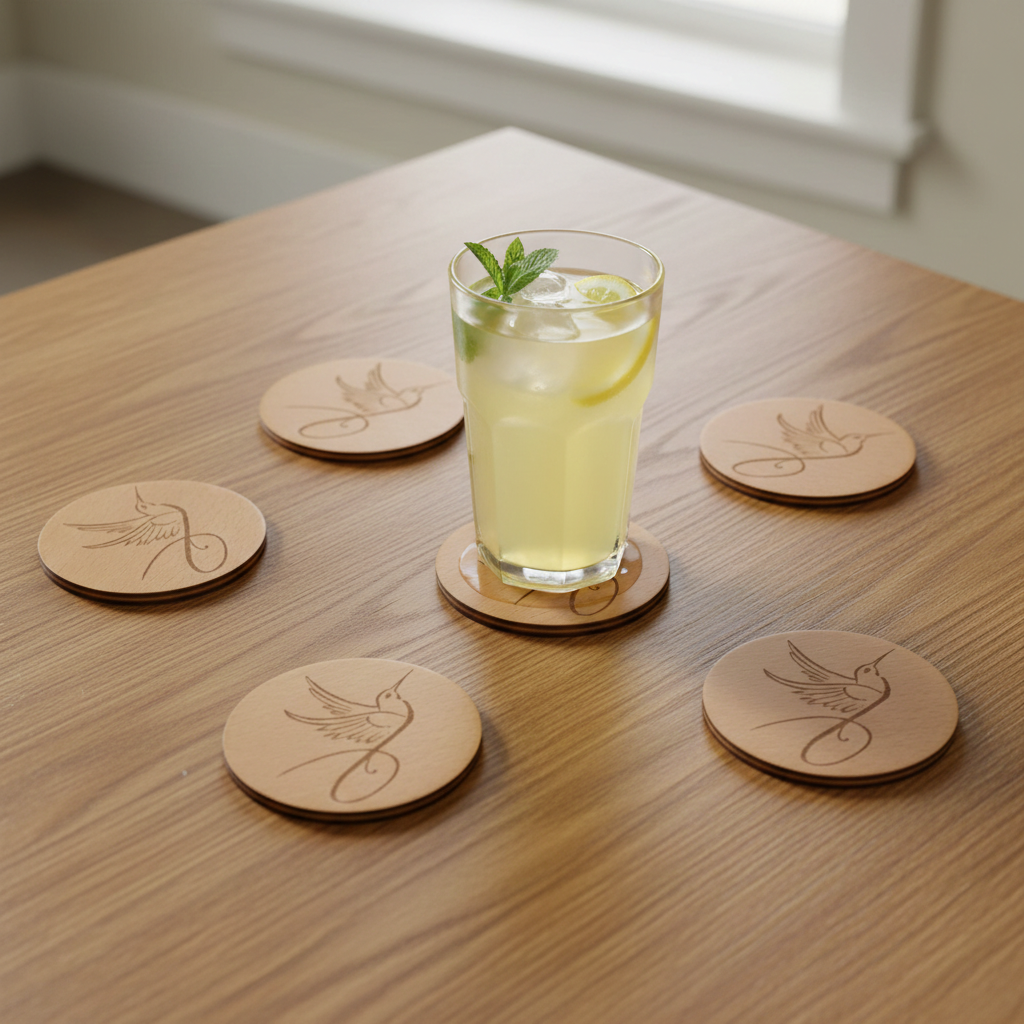 Set of 6, Steamed Beech Drink Coasters with a Sleek Bird Engraving, with Bumper Feet.