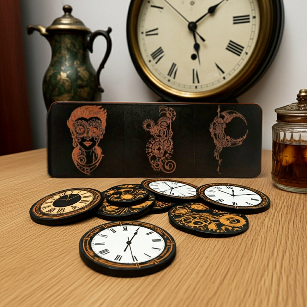 Set of 5, Steampunk coasters, Black top wood, Bumper Feet.