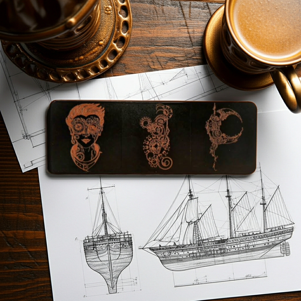 Set of 5, Steampunk coasters, Black top wood, Bumper Feet.