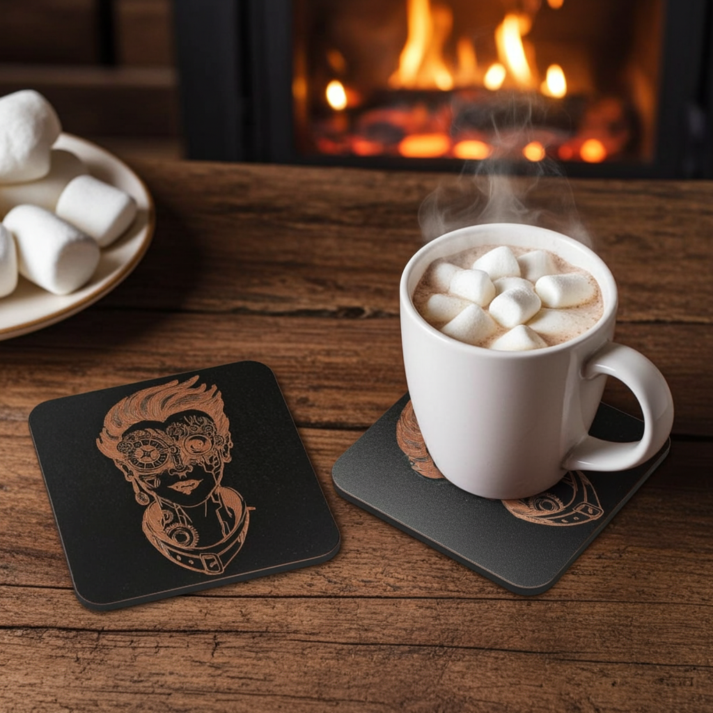 Set of 5, Steampunk coasters, Black top wood, Bumper Feet.