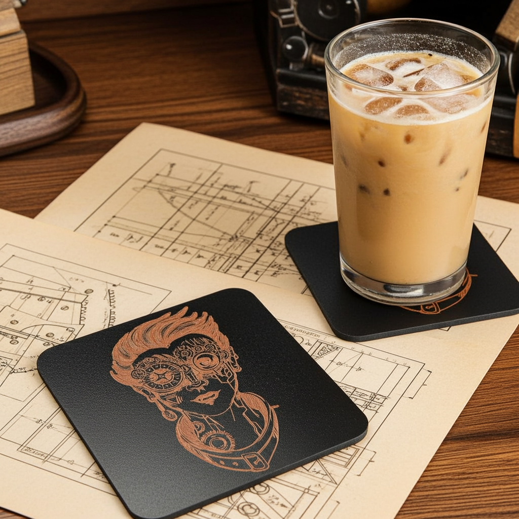 Set of 5, Steampunk coasters, Black top wood, Bumper Feet.