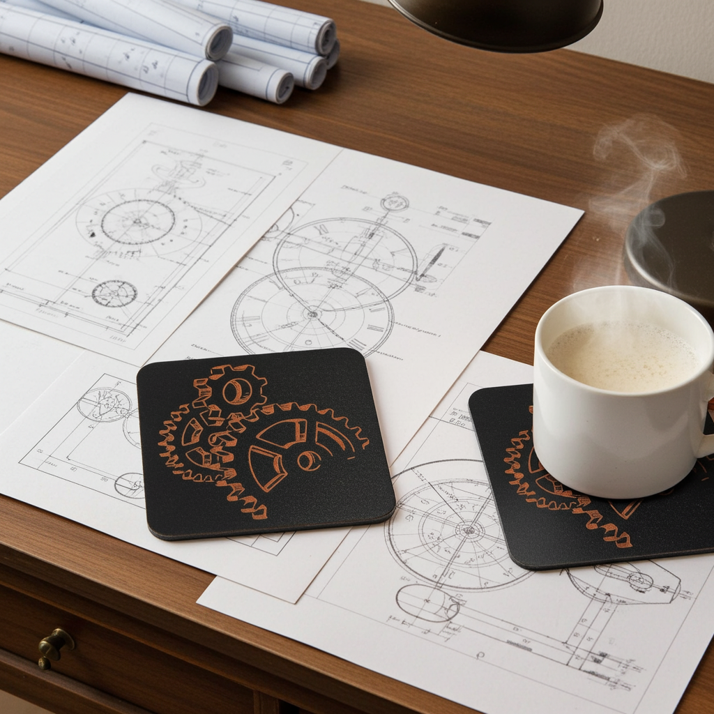 Set of 5, Steampunk coasters, Black top wood, Bumper Feet.
