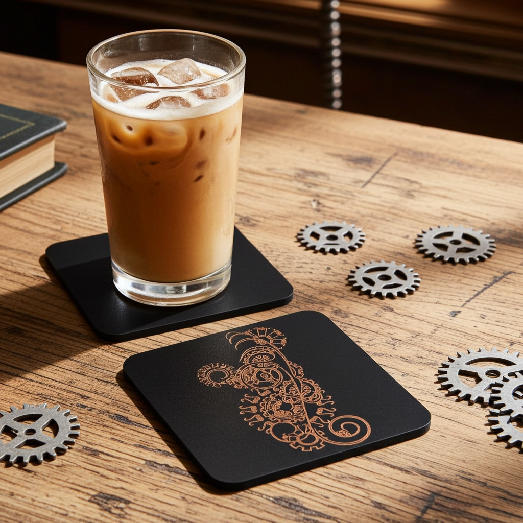 Set of 5, Steampunk coasters, Black top wood, Bumper Feet.