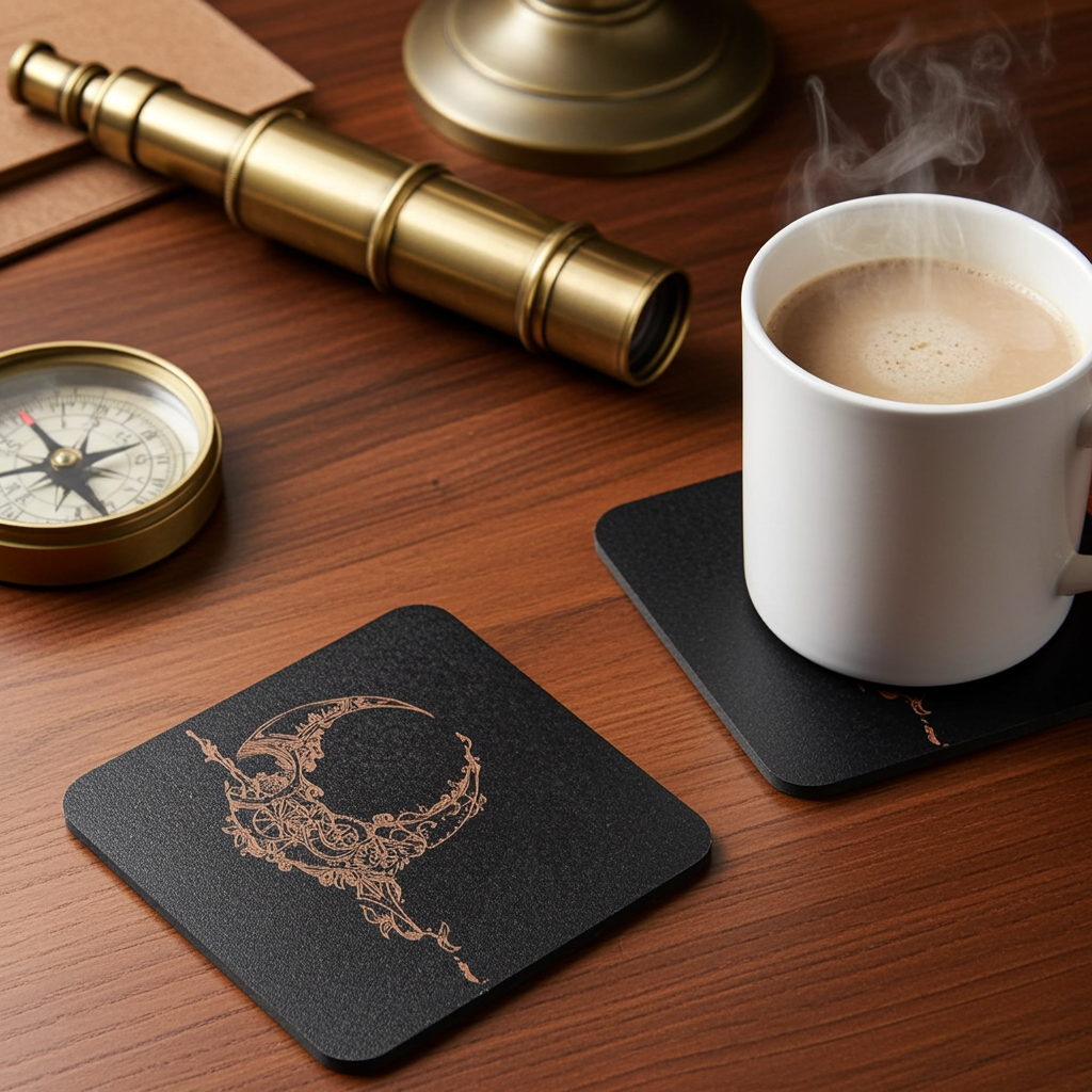 Set of 5, Steampunk coasters, Black top wood, Bumper Feet.