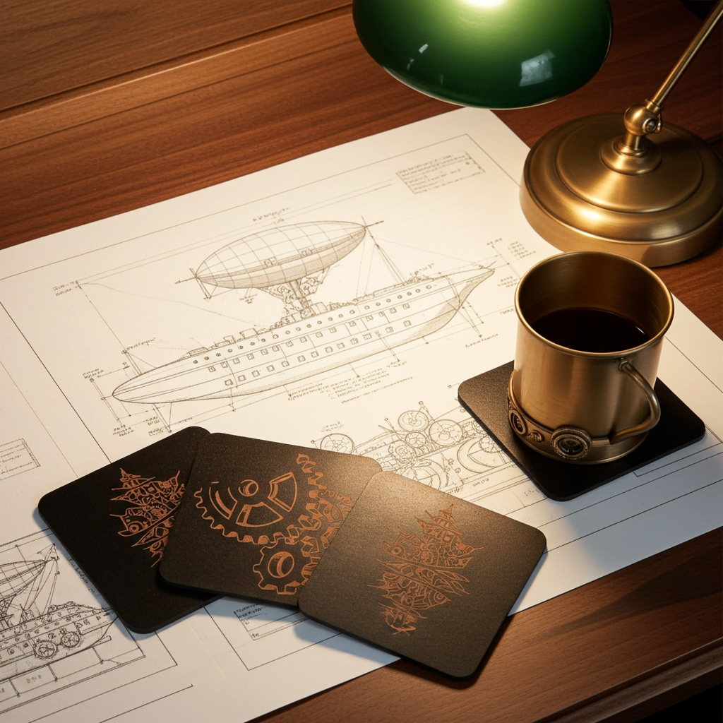 Set of 5, Steampunk coasters, Black top wood, Bumper Feet.