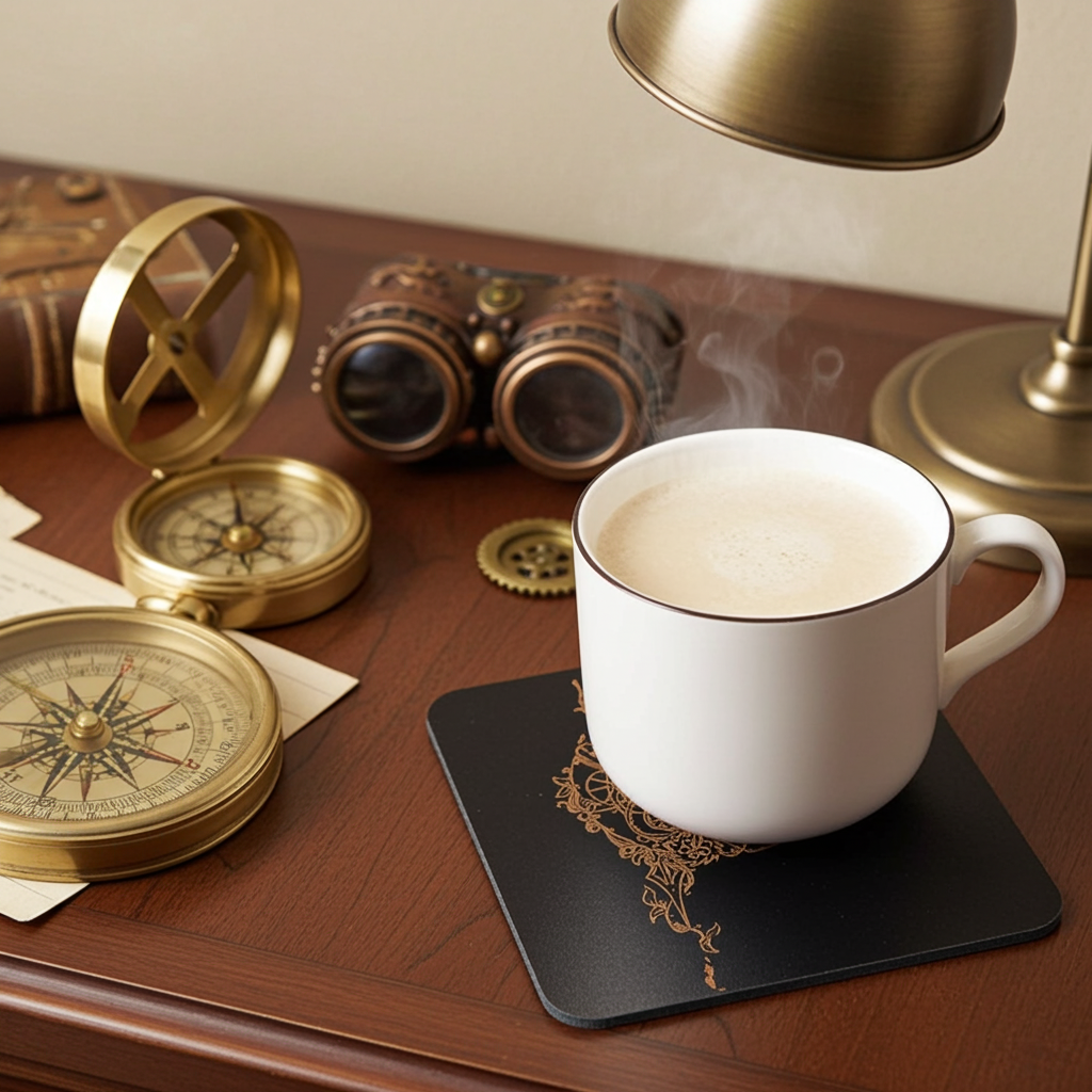 Set of 5, Steampunk coasters, Black top wood, Bumper Feet.