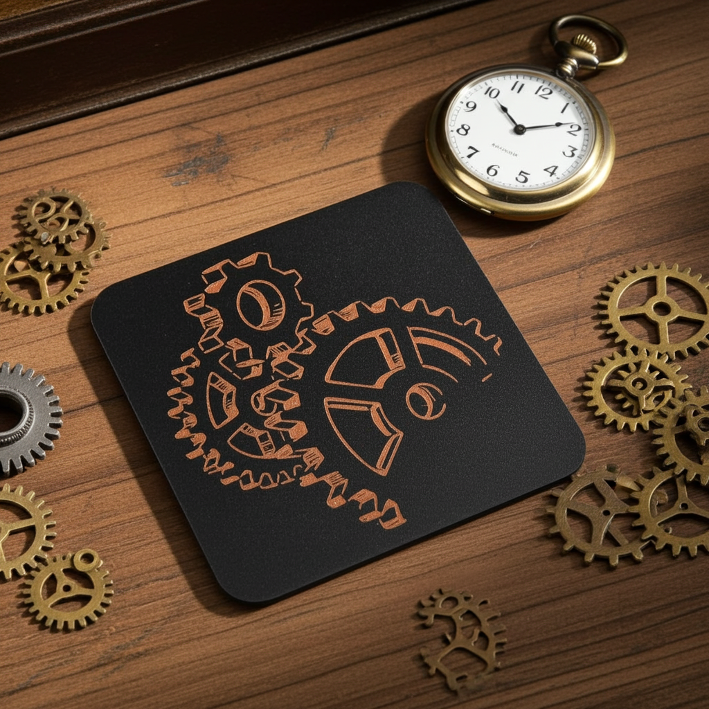 Set of 5, Steampunk coasters, Black top wood, Bumper Feet.
