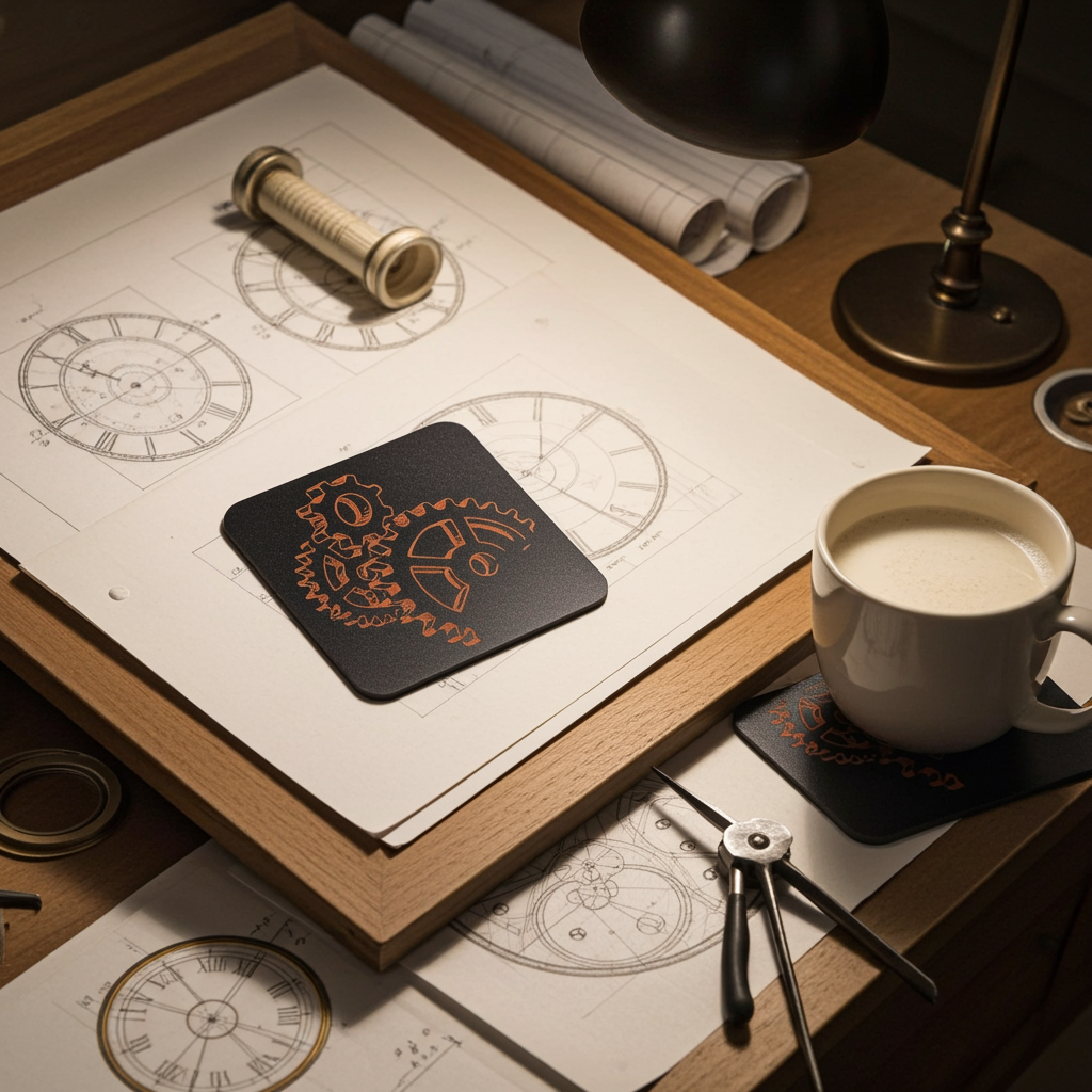 Set of 5, Steampunk coasters, Black top wood, Bumper Feet.