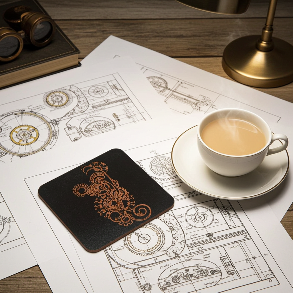 Set of 5, Steampunk coasters, Black top wood, Bumper Feet.