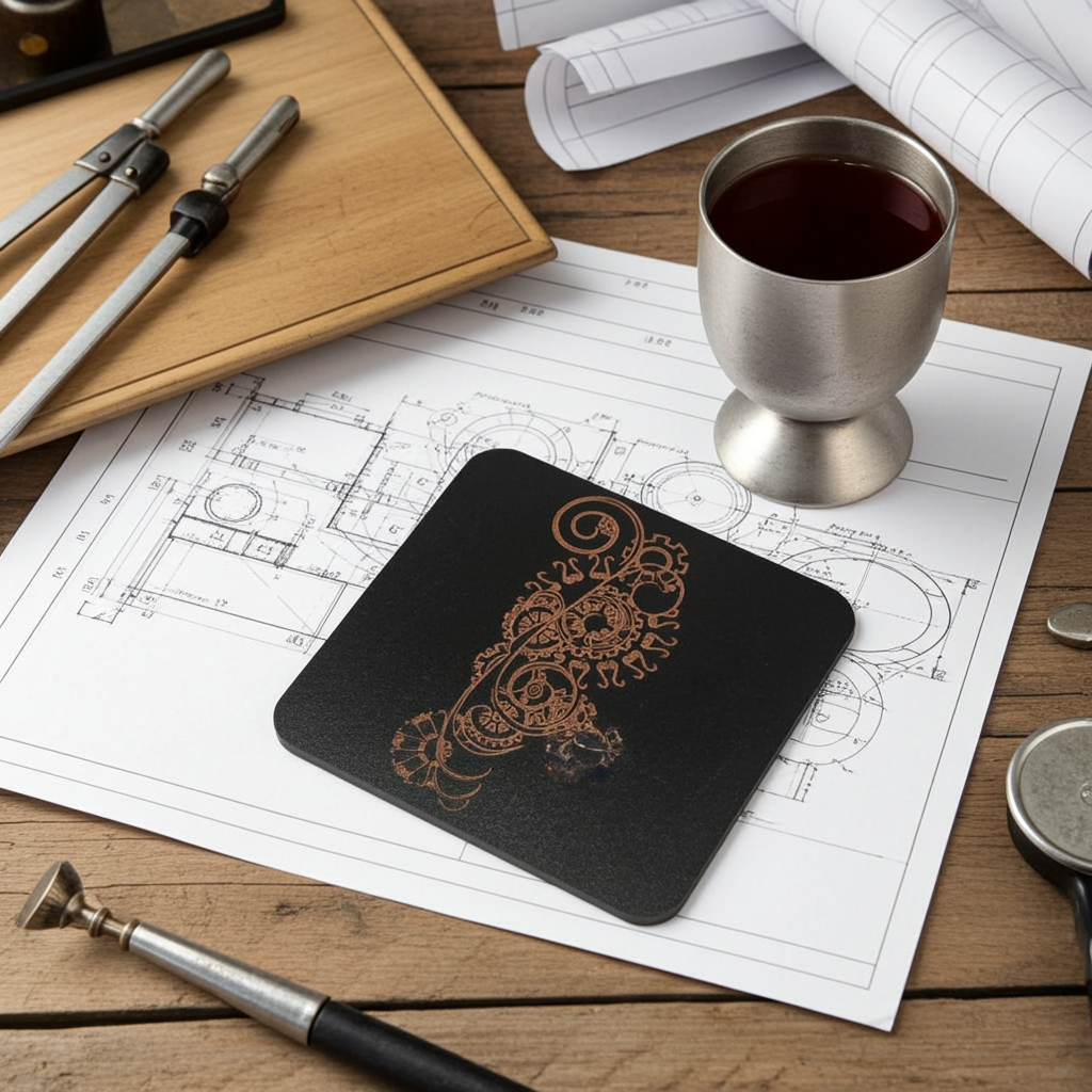 Set of 5, Steampunk coasters, Black top wood, Bumper Feet.