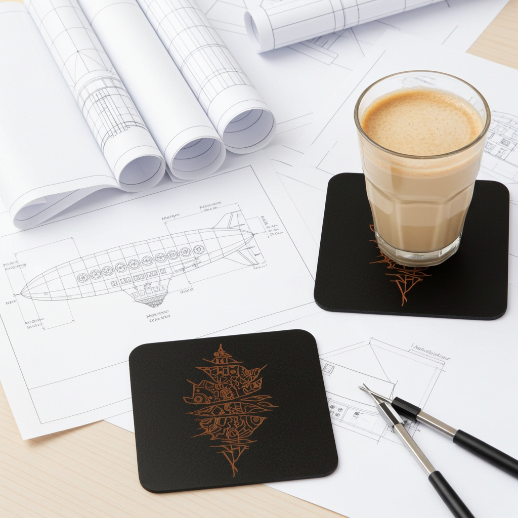 Set of 5, Steampunk coasters, Black top wood, Bumper Feet.