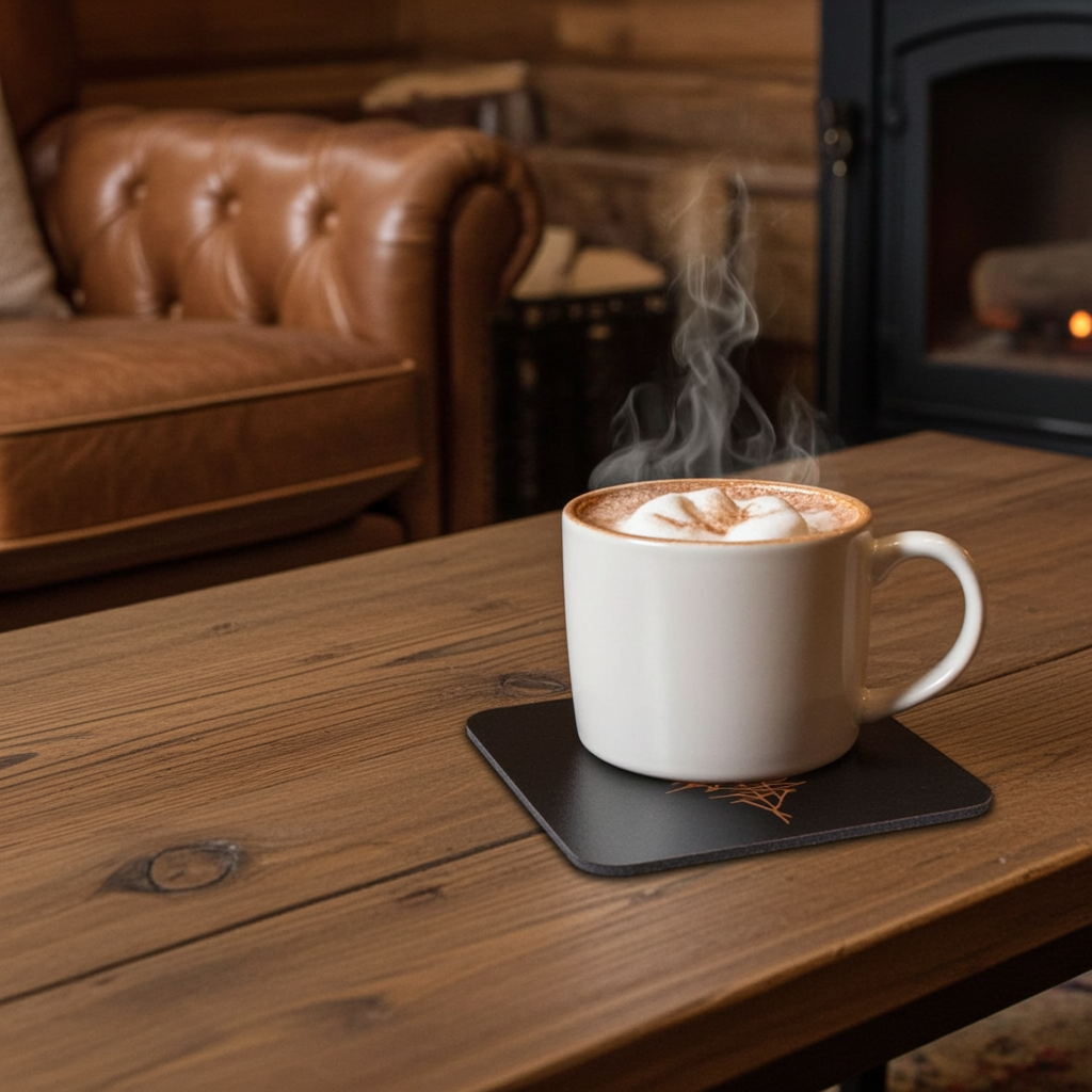 Set of 5, Steampunk coasters, Black top wood, Bumper Feet.