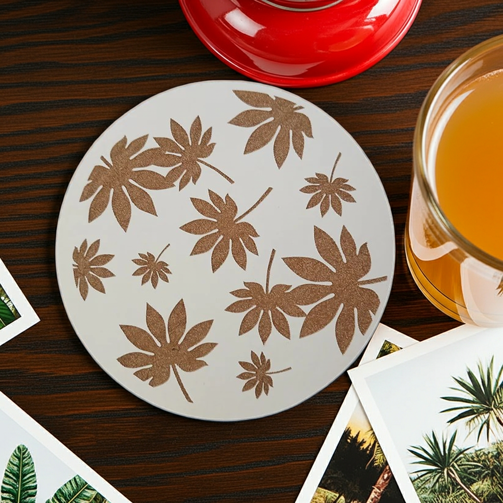 Set of 6, Tropical Plant Engraved, White Topped Wood Drink Coasters with bumper feet.