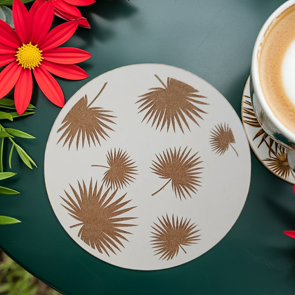 Set of 6, Tropical Plant Engraved, White Topped Wood Drink Coasters with bumper feet.