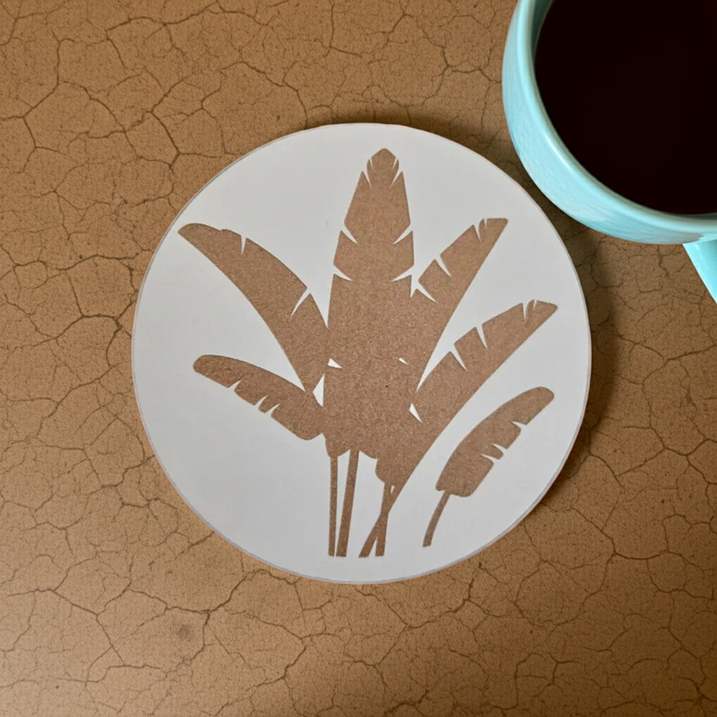 Set of 6, Tropical Plant Engraved, White Topped Wood Drink Coasters with bumper feet.