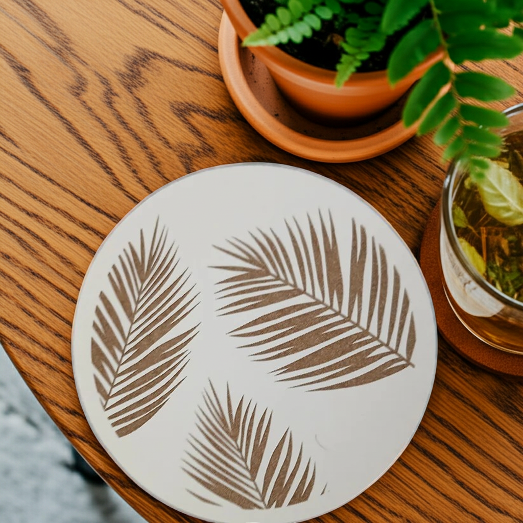 Set of 6, Tropical Plant Engraved, White Topped Wood Drink Coasters with bumper feet.
