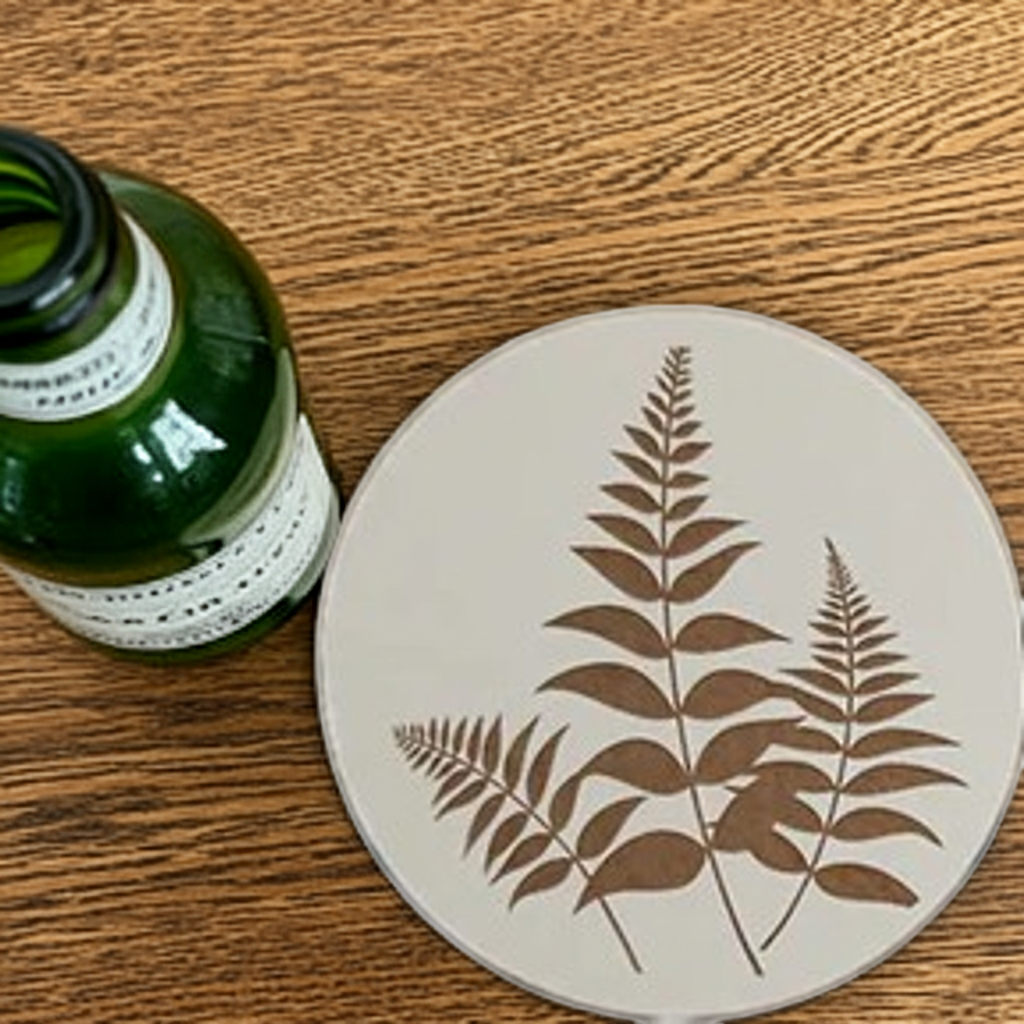 Set of 6, Tropical Plant Engraved, White Topped Wood Drink Coasters with bumper feet.
