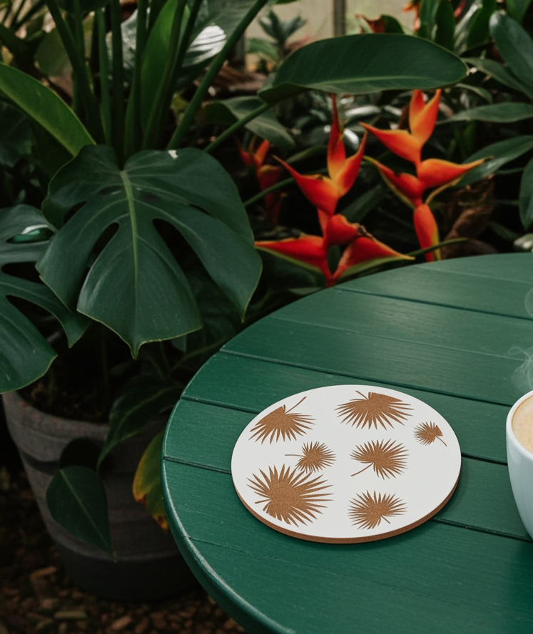 Set of 6, Tropical Plant Engraved, White Topped Wood Drink Coasters with bumper feet.
