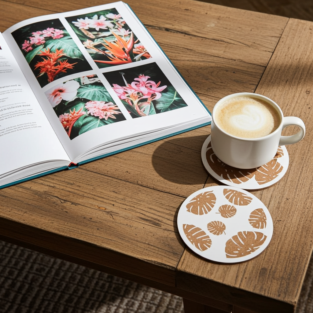 Set of 6, Tropical Plant Engraved, White Topped Wood Drink Coasters with bumper feet.