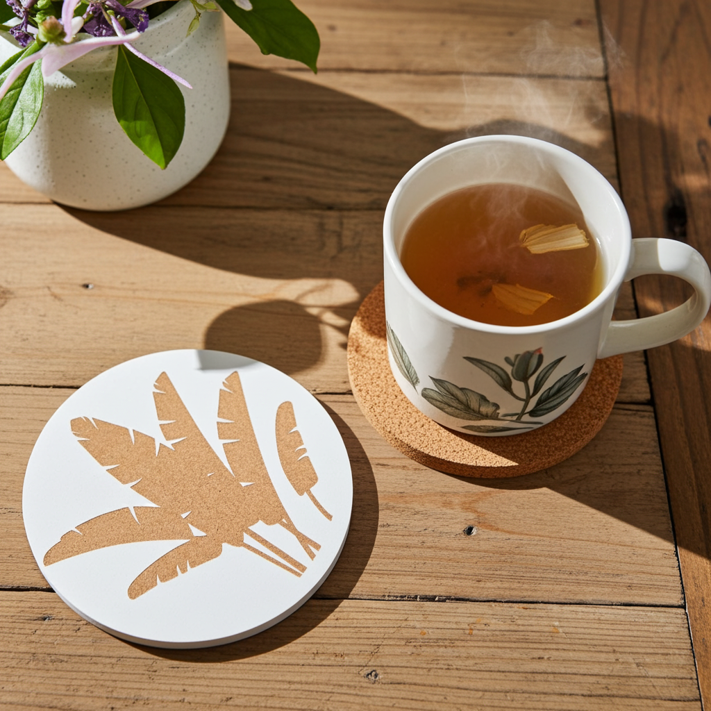 Set of 6, Tropical Plant Engraved, White Topped Wood Drink Coasters with bumper feet.
