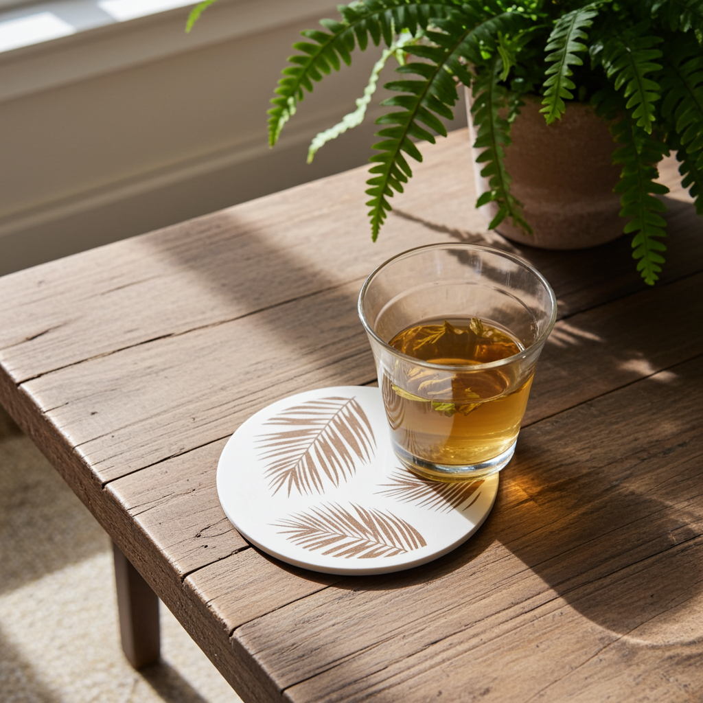 Set of 6, Tropical Plant Engraved, White Topped Wood Drink Coasters with bumper feet.