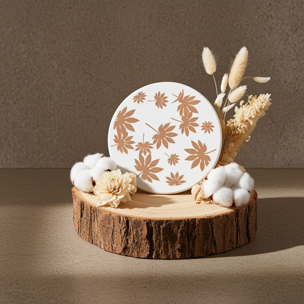 Set of 6, Tropical Plant Engraved, White Topped Wood Drink Coasters with bumper feet.