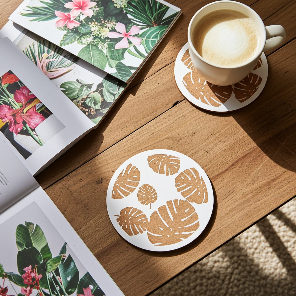 Set of 6, Tropical Plant Engraved, White Topped Wood Drink Coasters with bumper feet.
