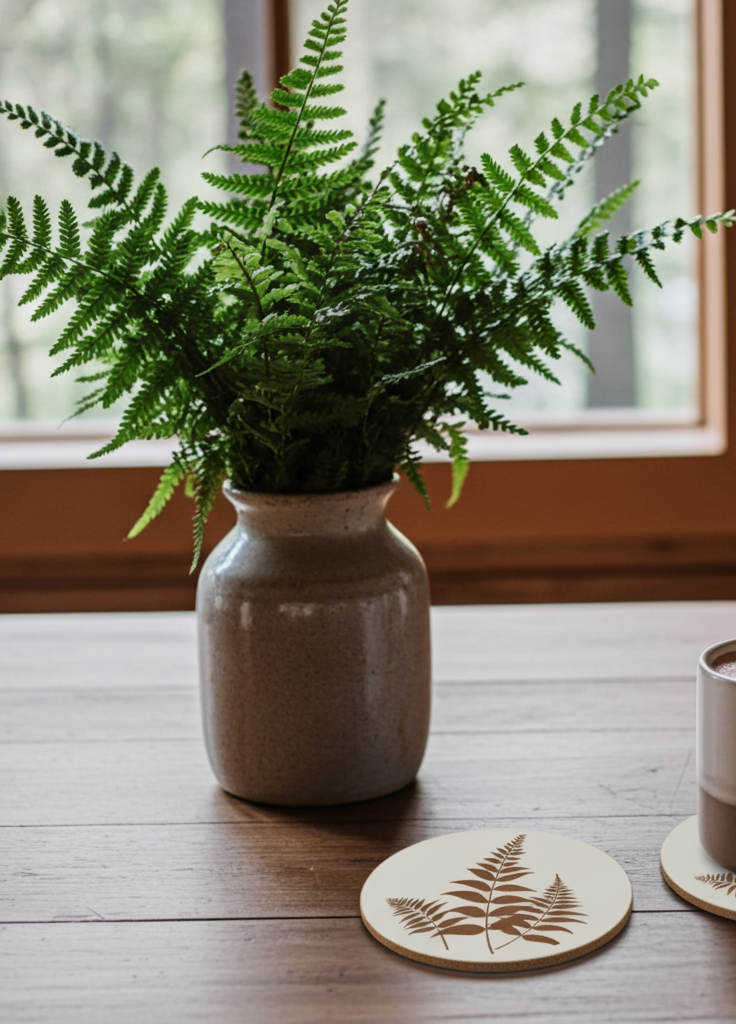 Set of 6, Tropical Plant Engraved, White Topped Wood Drink Coasters with bumper feet.