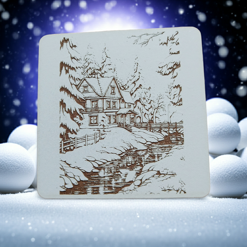 Set of 6, White Drink Coasters, with bumper feet. Winter / Festive Scenes Collection.