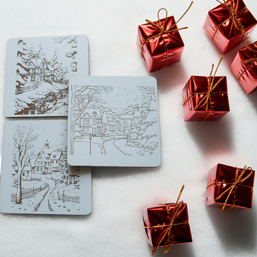 Set of 6, White Drink Coasters, with bumper feet. Winter / Festive Scenes Collection.