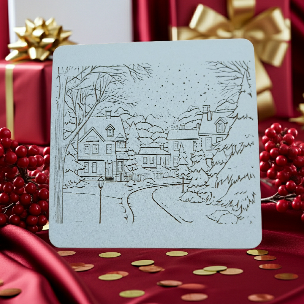 Set of 6, White Drink Coasters, with bumper feet. Winter / Festive Scenes Collection.