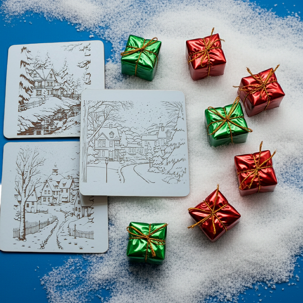 Set of 6, White Drink Coasters, with bumper feet. Winter / Festive Scenes Collection.