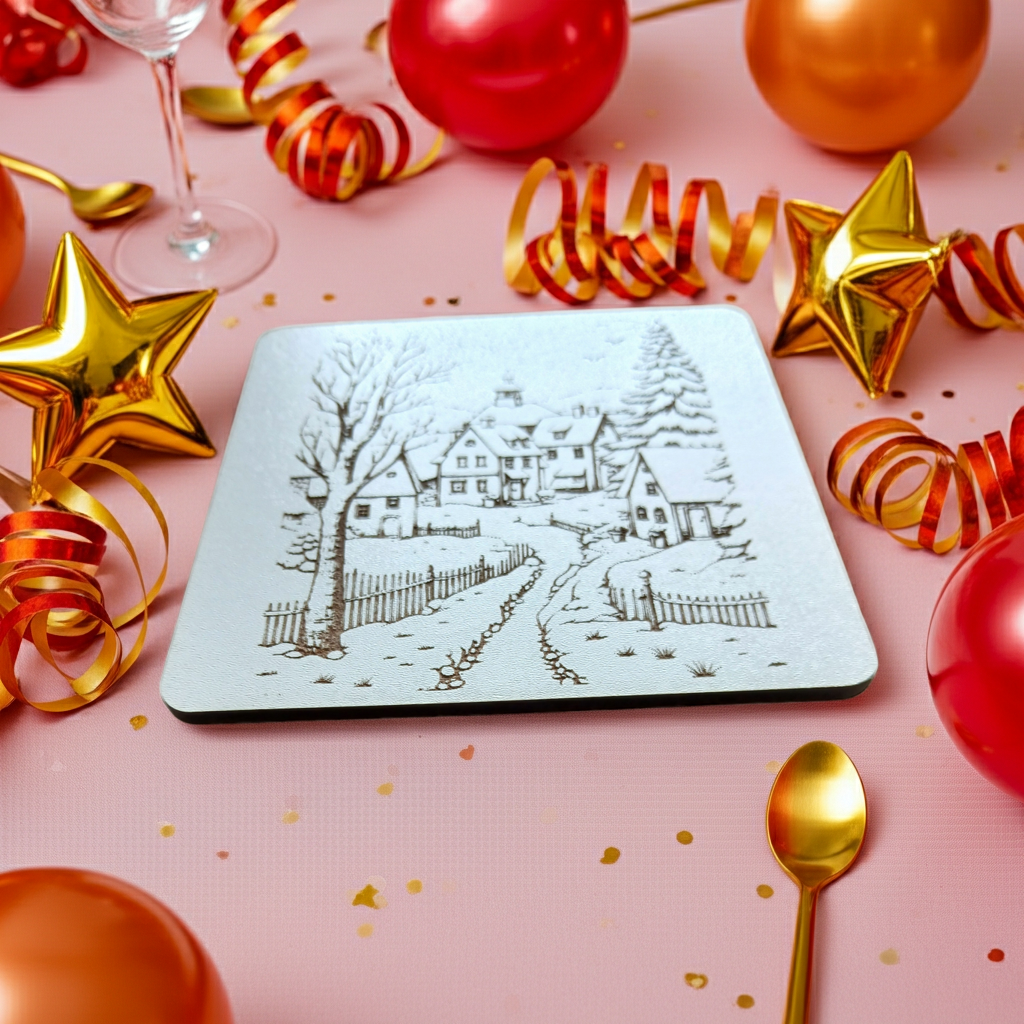 Set of 6, White Drink Coasters, with bumper feet. Winter / Festive Scenes Collection.